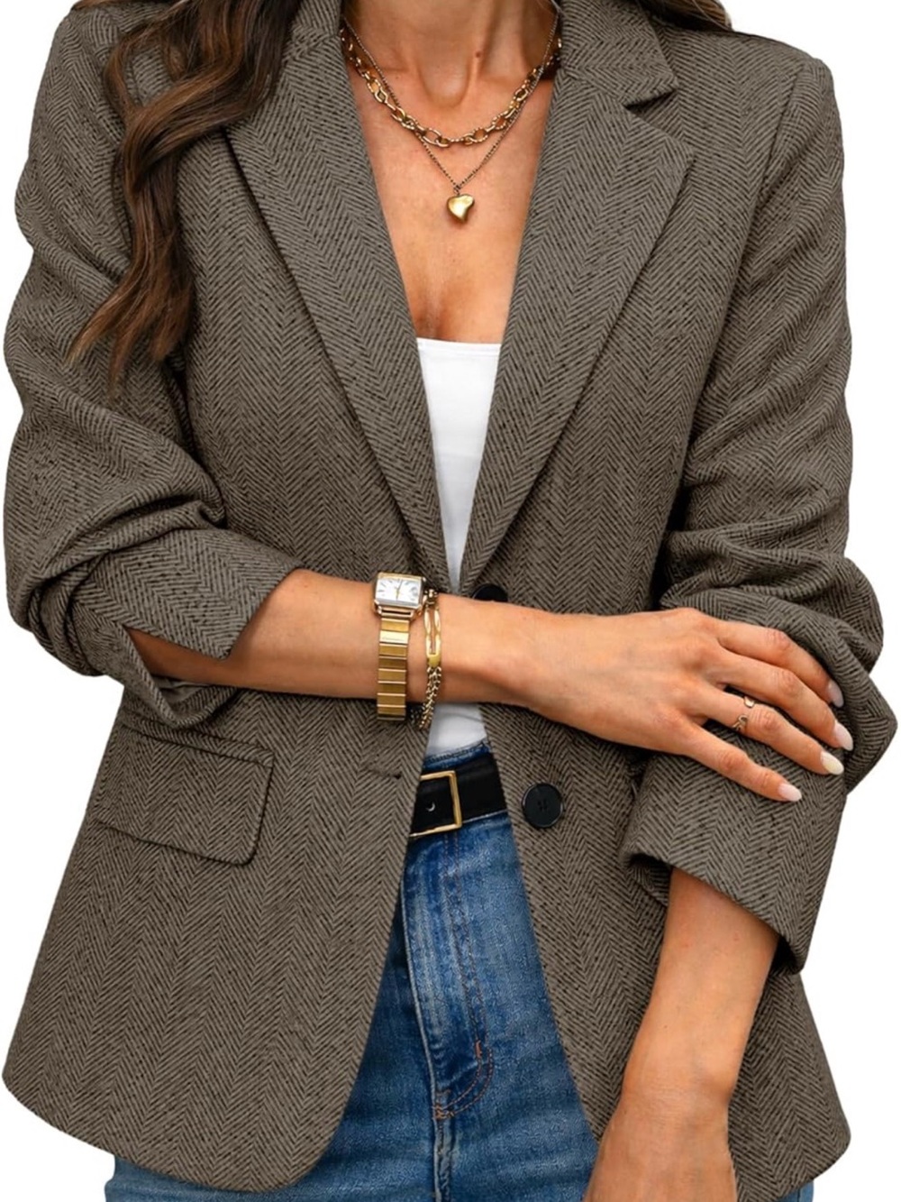 Elleven Women’s Tailored Herringbone Tweed Blazer - Brown Size XL NWOT